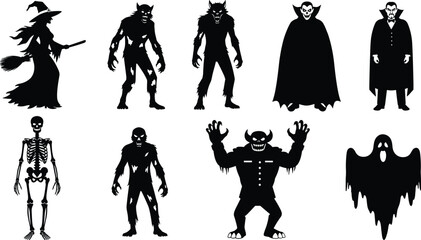 Black silhouette collection of classic Halloween monsters including witch werewolf vampire skeleton zombie and ghost isolated on white background. © Sabbir's World