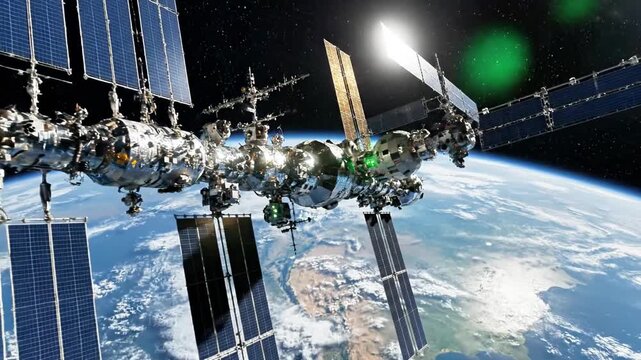 A space station orbits Earth with solar panels and modules against a starry background