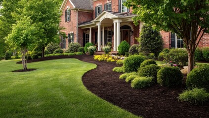 Obraz premium Elegant Brick Home with Lush Landscaping and Curving Mulch Path.