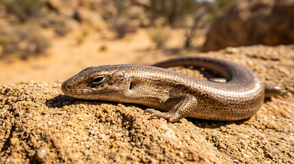 Obraz premium Small desert lizard resting on a sun-drenched rock, showcasing its detailed scales and natural habitat