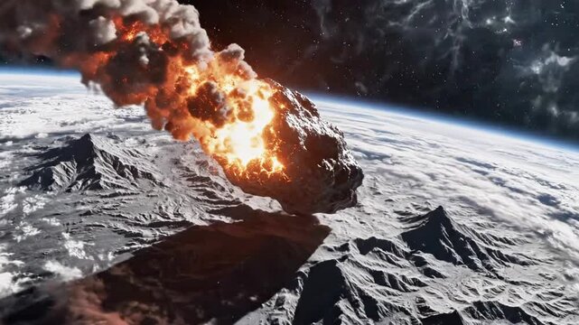 A large asteroid hurtles towards Earth, engulfed in flames and smoke, with a planet's surface and atmosphere visible