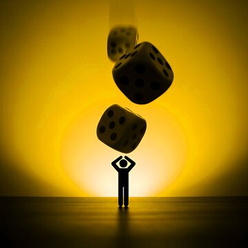 Small stick figure silhouette facing upward with hands raised toward falling dice symbolizing risk chance fortune and the dramatic unpredictable nature of gambling success or failure
