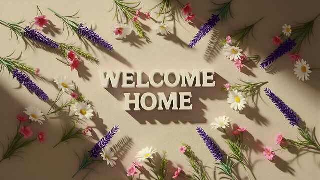 Beautifully arranged three-dimensional white "welcome home" text prominently displayed on a textured surface, elegantly framed by an array of colorful artificial flowers including serene purple