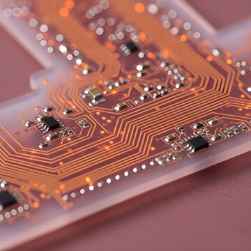 Abstract Macro View of a High-Tech Printed Circuit Board with Glowing Orange Traces and Electronic Components