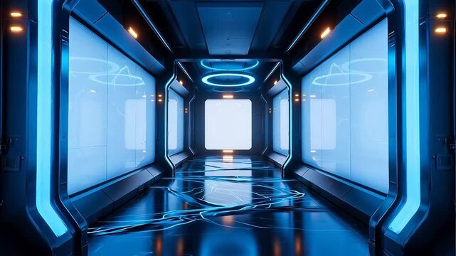 Futuristic corridor with blue lighting