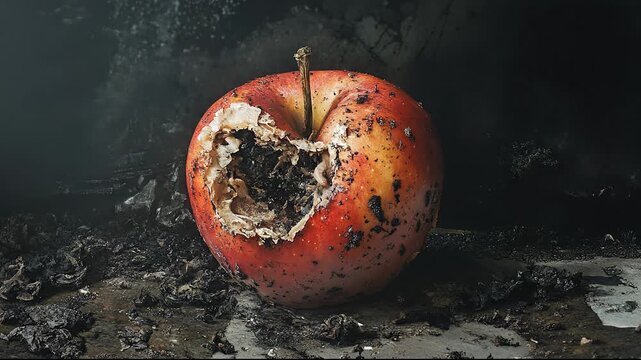 Rotten Apple with Maggots and Decay, Dark Moody Lighting, Macro Shot