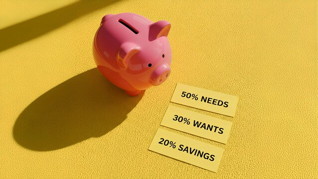 A beautifully rendered pink piggy bank symbolizes diligent financial planning, positioned next to three distinct yellow labels meticulously outlining the foundational 50-30-20 rule for smart