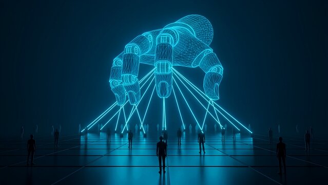 Massive glowing blue wireframe robotic hand looms over a crowd of silhouetted figures connected by neon light beams symbolizing artificial intelligence control and digital influence
