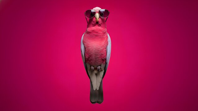 Seriously cool galah parrot wearing stylish pink sunglasses stands centered against a vibrant magenta background exhibiting funny avian fashion.