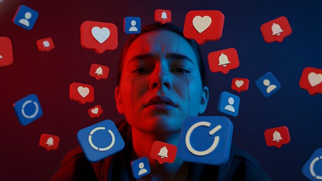 A young woman crying, feeling overwhelmed by a relentless barrage of social media likes, notifications, and follower icons that surround her, symbolizing the profound emotional distress and pressure