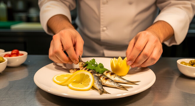 A chef in a professional kitchen finishes a plate of perfectly grilled sardines by adjusting a lemon garnish and fresh parsley