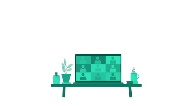 Animation of a virtual meeting on a laptop with a minimalist desk setup