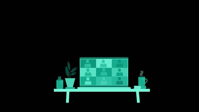 Animation of a virtual meeting on a laptop with a minimalist desk setup