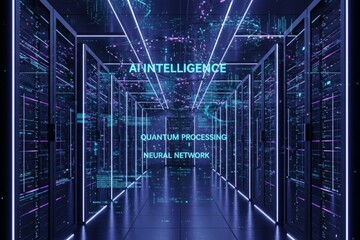 Naklejka premium Futuristic server room data center with glowing blue and purple lights and floating AI text