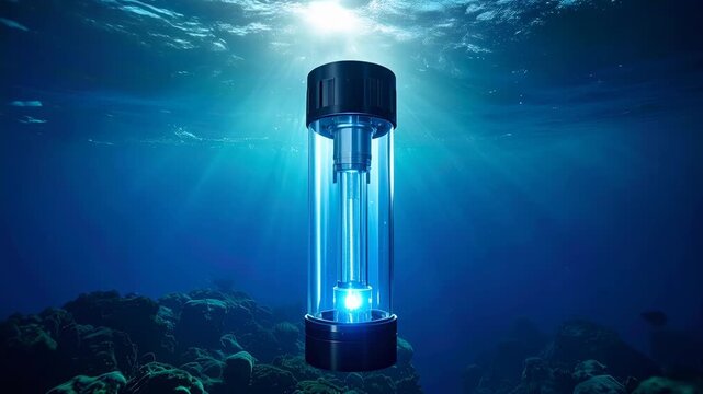 Futuristic underwater technology blue light water scarcity energy solution glowing device ocean depth innovation concept