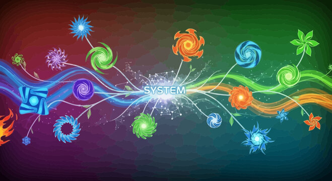 Abstract illustration of colorful flowers and interwoven lines against a dark backdrop