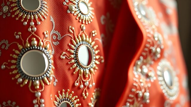 shockabsorber. Close-up of a traditional garment with intricate mirror work and silk embroidery. STEM education sheets, lab safety posters, designed for biotech research communications.