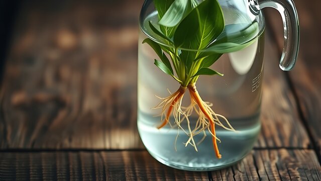 carboy. Clear glass carboy with floating green plant and visible roots on rustic wooden surface. gardening catalogs, home-decor guides, designed for home decor and floral branding.