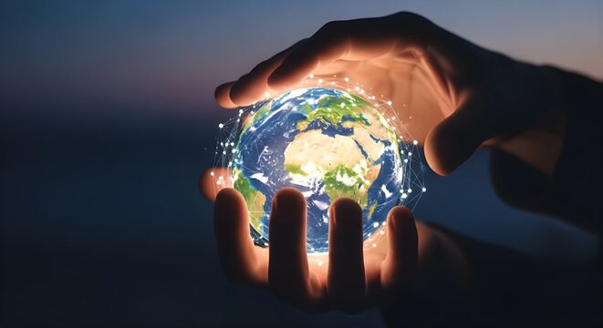 Hand holding a small globe representing global connection and world concept.