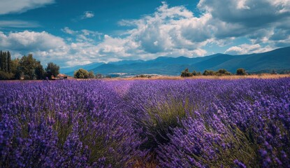 Fototapeta premium Lavender Field Under a Cloudy Sky with Distant Mountains.