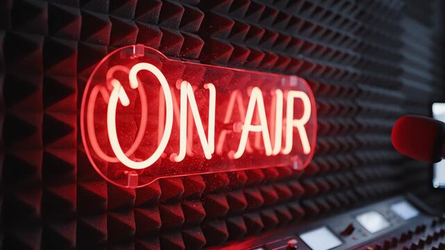 Red On air neon sign in professional recording studio 4k video