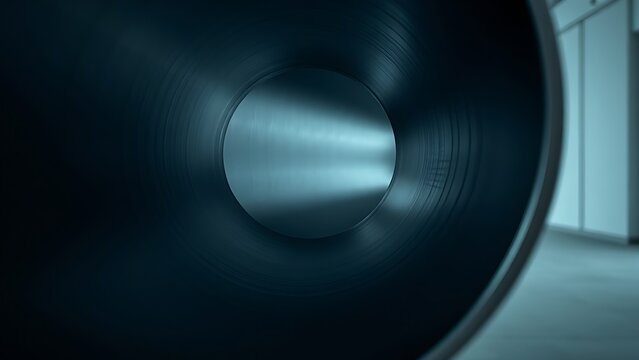 oganesson. Industrial pipe cross-section with smooth metallic interior and dramatic side lighting. safety posters, maintenance manuals, designed for precision metalworking and fabrication facilities.