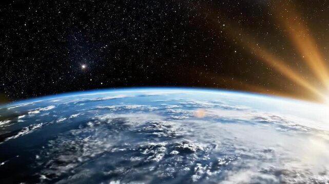 A breathtaking view of Earth from space with the sun shining brightly, illuminating the curvature of the planet, surrounded by the vastness of space