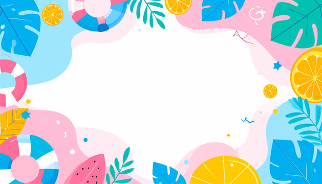 Summer vacation background with tropical leaves, swim rings and citrus fruits for travel and holiday design