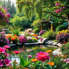 Fototapeta premium A serene garden oasis with lush greenery, colorful blooms, and a tranquil pond, nature, soothing