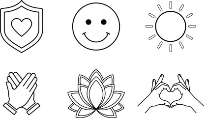 Fototapeta premium A collection of six hand drawn icons representing love and positivity