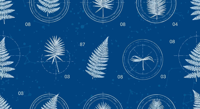 Blueprint style fern pattern on blue background for design and decoration