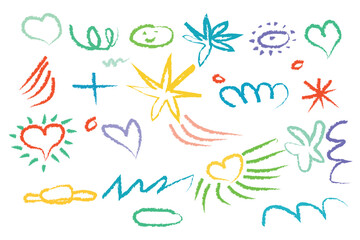 Fototapeta premium A vibrant collection of colorful charcoal doodle elements including stars, planets, hearts, crescent moon shapes, and smiling faces. These hand drawn sketch-style illustrations feature rough charcoal.