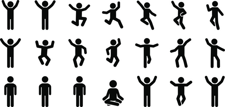 Human Stick Figure Poses Icon Set Jumping Dancing Standing Yoga Activity Vector Illustration Collection