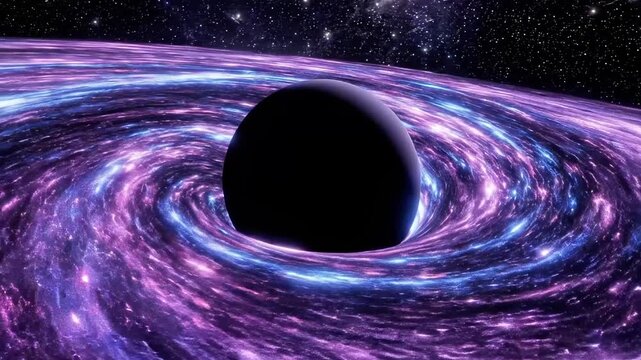 A swirling purple and blue galaxy with a black hole at its center, surrounded by stars