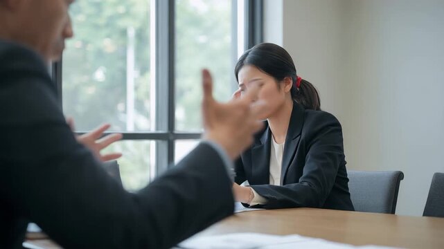 女性がオフィスの会議机で落ち込み、同僚男性が朝の室内で静かに励ます