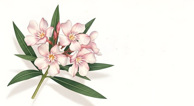 Delicate watercolor illustration of blooming adelfa, Nerium oleander, painted in soft botanical realism style on textured cold-pressed paper. 