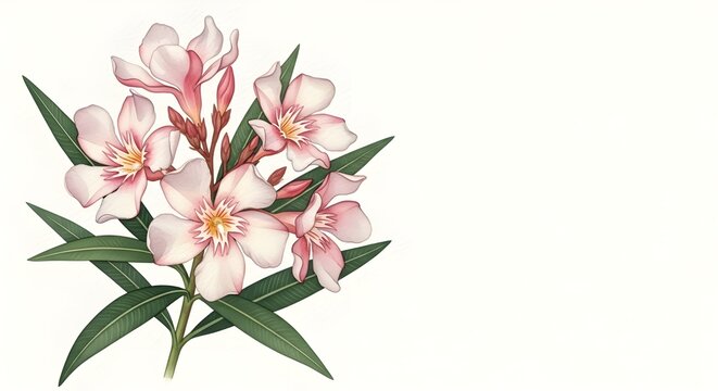 Delicate watercolor illustration of blooming adelfa, Nerium oleander, painted in soft botanical realism style on textured cold-pressed paper. 