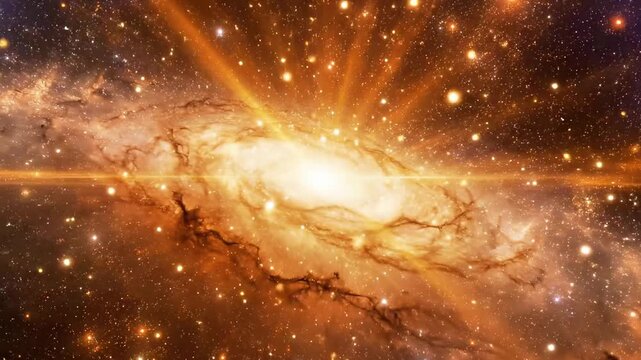 A vibrant galaxy with a bright center and swirling orange clouds of gas and dust