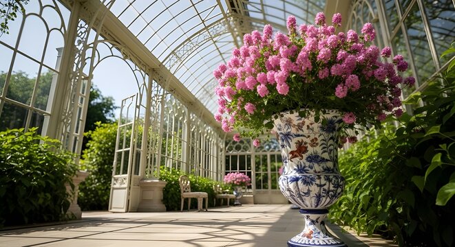 Bright Regency-style greenhouse interior filled with ornate iron frames and glass panels. In foreground stands a tall decorative ceramic planter overflowing with vibrant pink adelfa blossoms