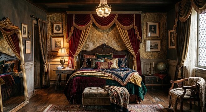 Victorian Gothic Bedroom with Ornate Canopy Bed, Velvet Drapes, Antique Furniture and Moody Maximalist Interior Design