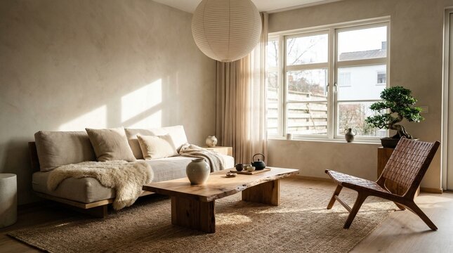Japandi Living Room, Organic Modern Interior with Limewash Walls, Live Edge Wood Coffee Table and Warm Natural Light