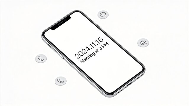 Smartphone mockup with meeting reminder on screen surrounded by icons for calls messages and photos ideal for business tech and productivity concepts clean white background modern