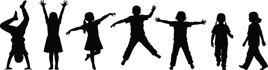 Fototapeta premium Happy children playing silhouette collection showing kids jumping, dancing and doing handstand poses, playful childhood activity illustration representing joy, energy and carefree youth lifestyle
