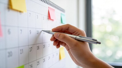 Close up of hand marking calendar date with pen,monthly schedule planning and time management concept with reminder notes for business deadline and appointment organization