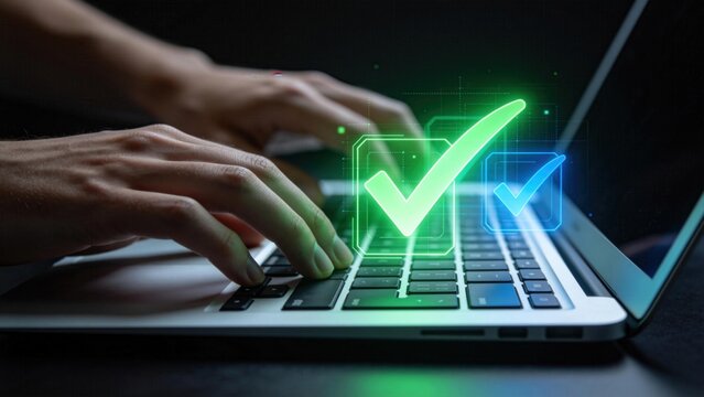 Green checkmark verification icon over laptop keyboard,online approval process and secure authentication concept,digital confirmation for successful transaction or compliance