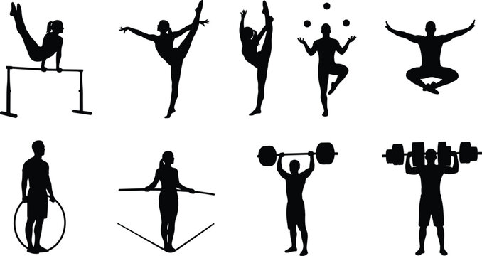 Gymnastics and fitness athlete silhouette set performing bar routine, stretching, juggling, jump rope and weightlifting exercises, sports training icons isolated vector illustration