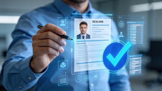 HR manager reviewing digital resume profile on virtual screen with approval check mark,recruitment technology concept for candidate evaluation,talent acquisition and online hiring process
