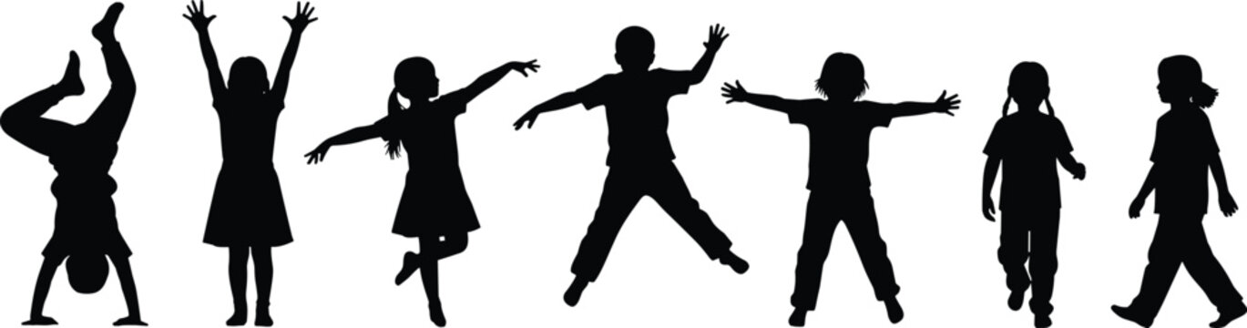 Happy children playing silhouette collection showing kids jumping, dancing and doing handstand poses, playful childhood activity illustration representing joy, energy and carefree youth lifestyle