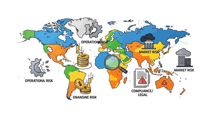 Naklejka premium Global risk assessment illustrated world map with financial and operational risks