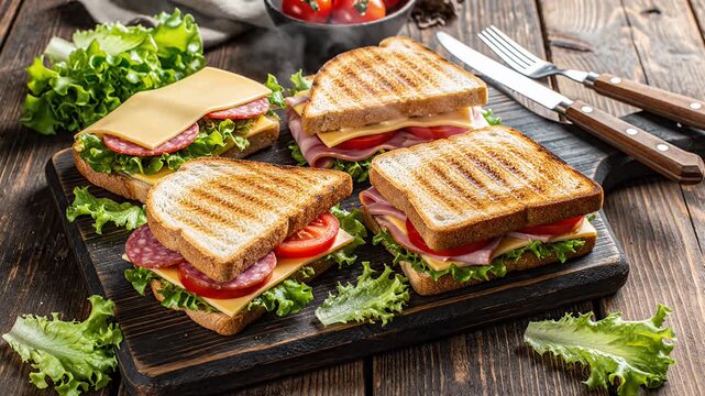 Toasted sandwiches with ham, salami, cheese on rustic wooden board